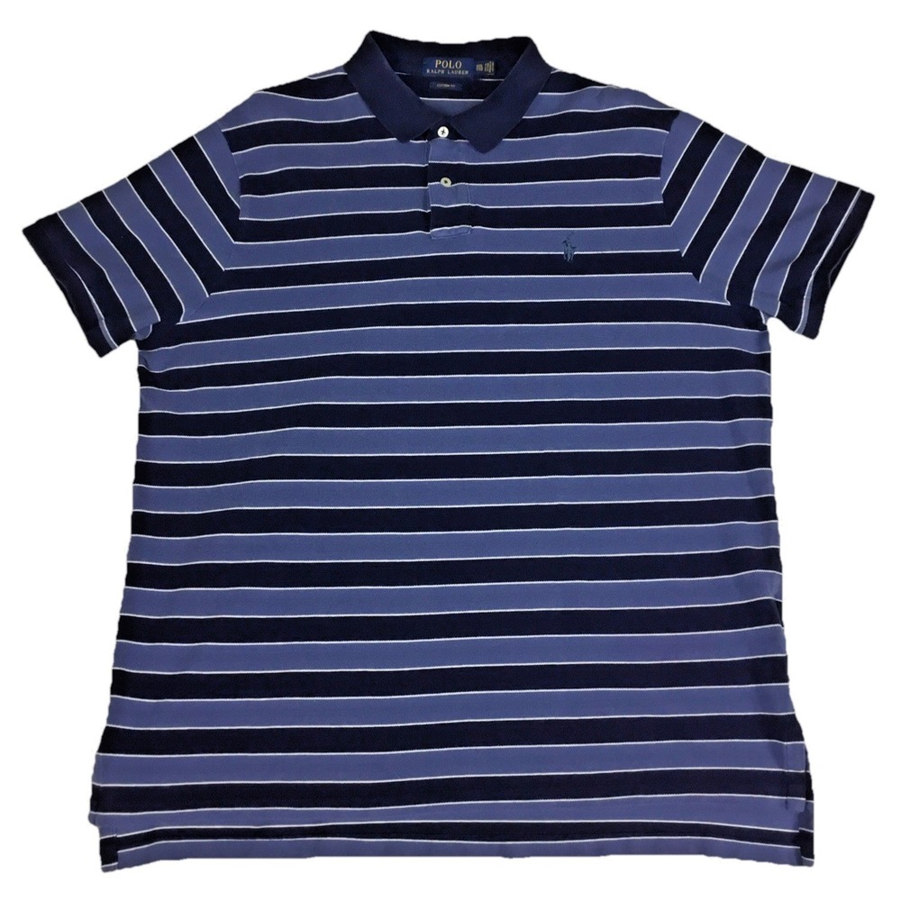 Polo Ralph Lauren Mens XXL Custom Fit Blue Striped Short Sleeve Pique Polo Shirt